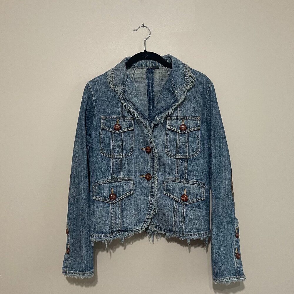 Vintage Elbow Patched Denim Jacket with Brown Buttons